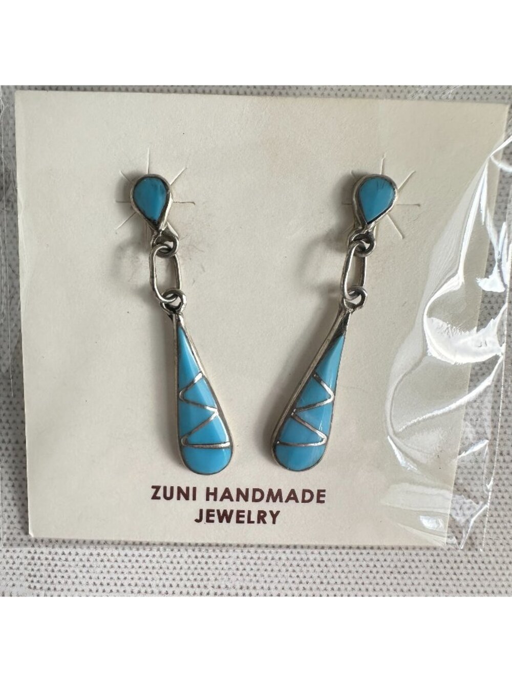 Zuni Sterling Silver Turquoise Inlay Dangle Earrings Angus Ahiyite Signed